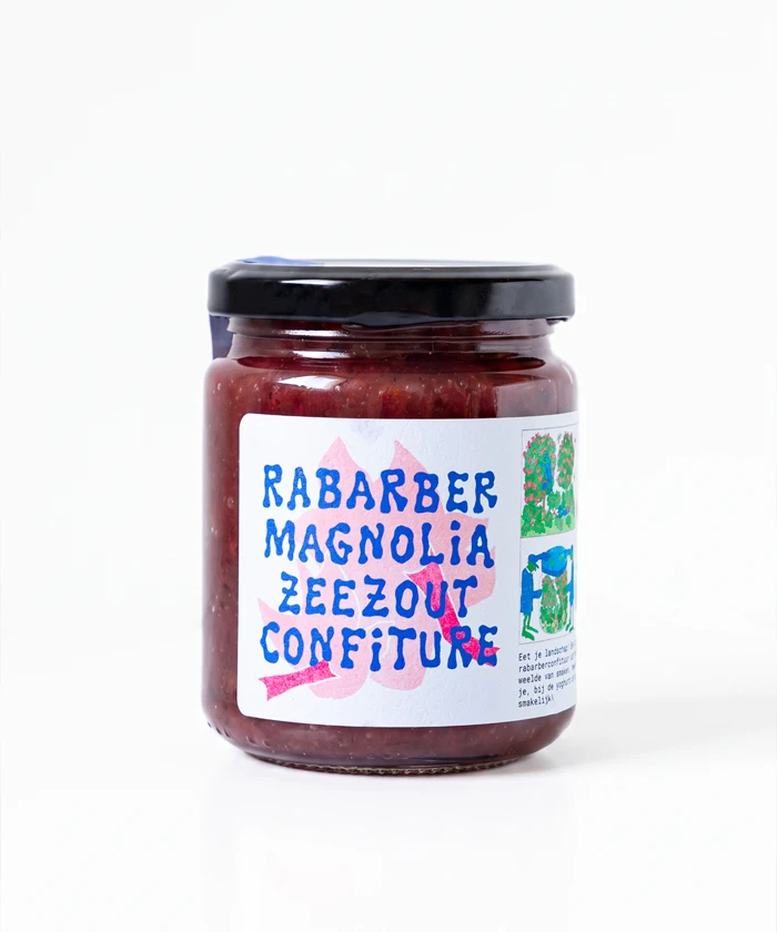 Magnolia Rabarber Zeezout Confiture van Fruitslagers – bloemige rabarberconfiture uit het voedselbos