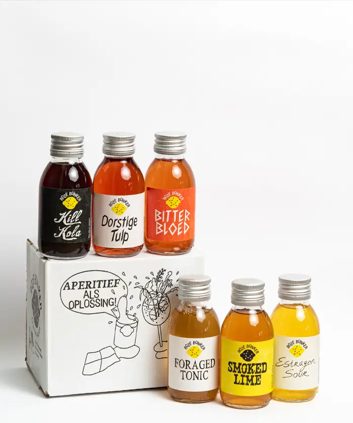 Aperitief als oplossing van Roze Bunker – proefpakket met zes aperitief siropen