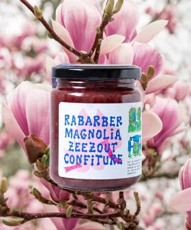 Magnolia Rabarber Zeezout Confiture van Fruitslagers – bloemige rabarberconfiture uit het voedselbos